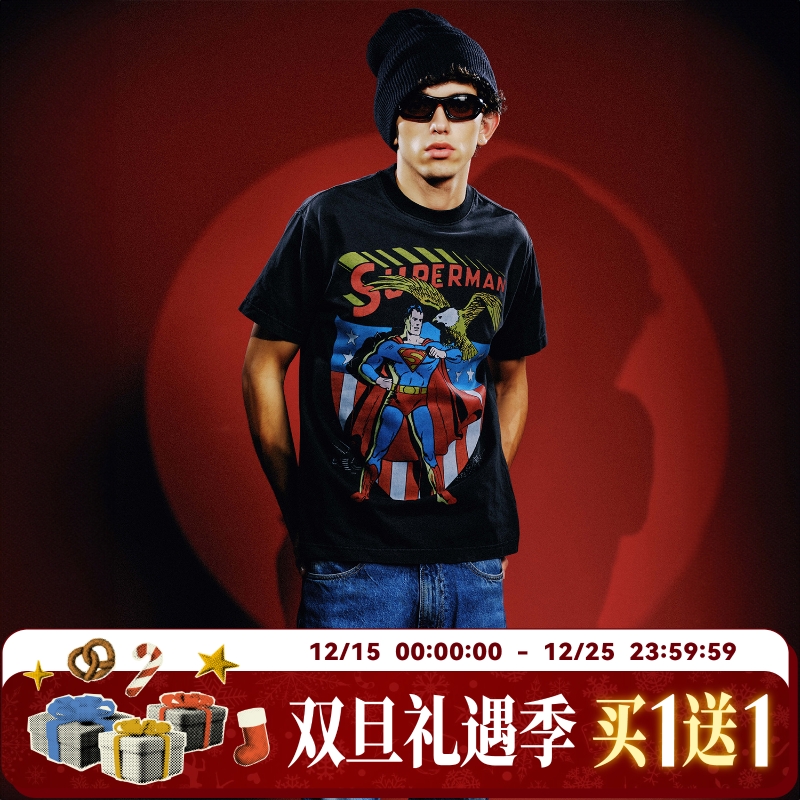 【超人SUPERMAN联名】WHOOSIS 超人英雄水洗短袖T恤卡通美式男女