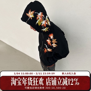 WHOOSIS（不知其名）飘落枫叶刺绣短宽boxy拉链帽衫外套情侣男潮