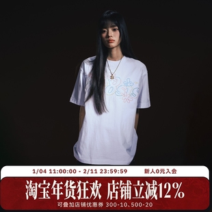 WHOOSIS（不知其名）彩色花朵锁链绣短袖T恤夏季新款简约百搭男女