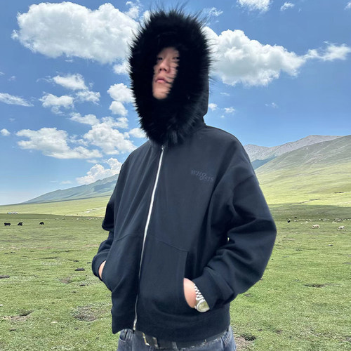 WHOOSIS（不知其名）毛毛领拉链帽衫外套美式春秋冬男女情侣校园