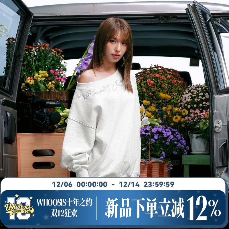 WHOOSIS（不知其名）蝴蝶结刺绣斜肩女版卫衣秋冬chic酷飒通勤潮