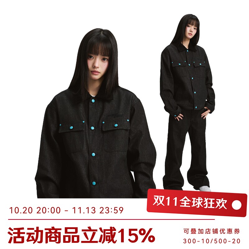 WHOOSIS（不知其名）logo贴布绿松石原色黑色牛仔外套秋冬美式男