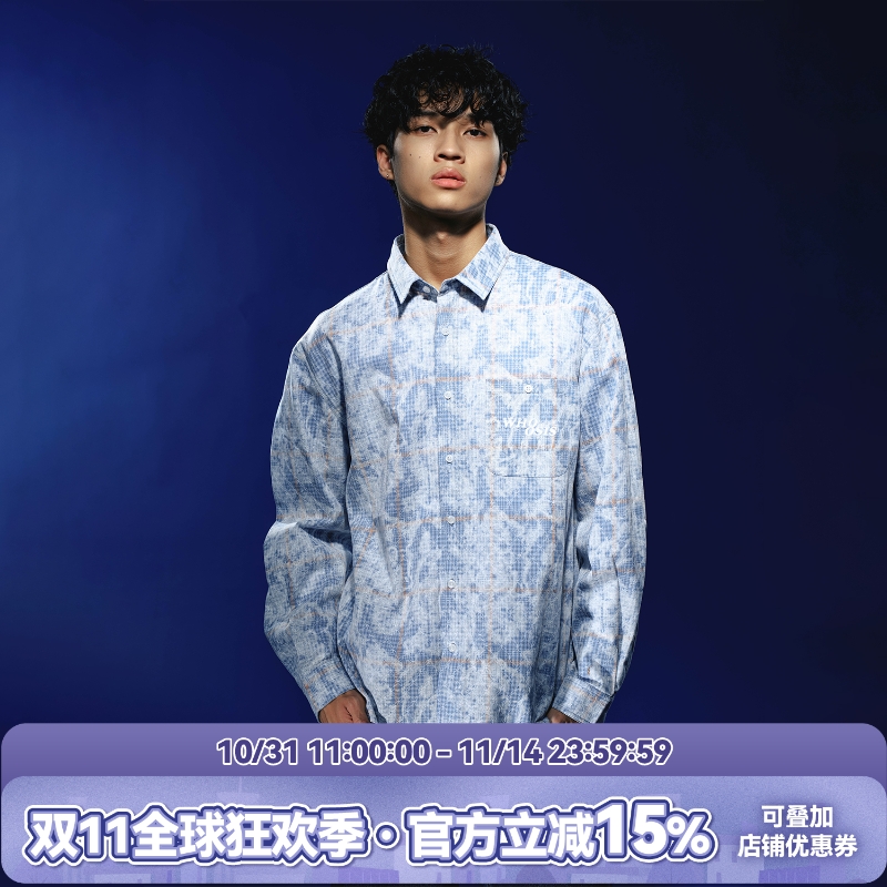 WHOOSIS（不知其名）蕾丝格纹长袖衬衫衬衣美式休闲宽松男女情侣