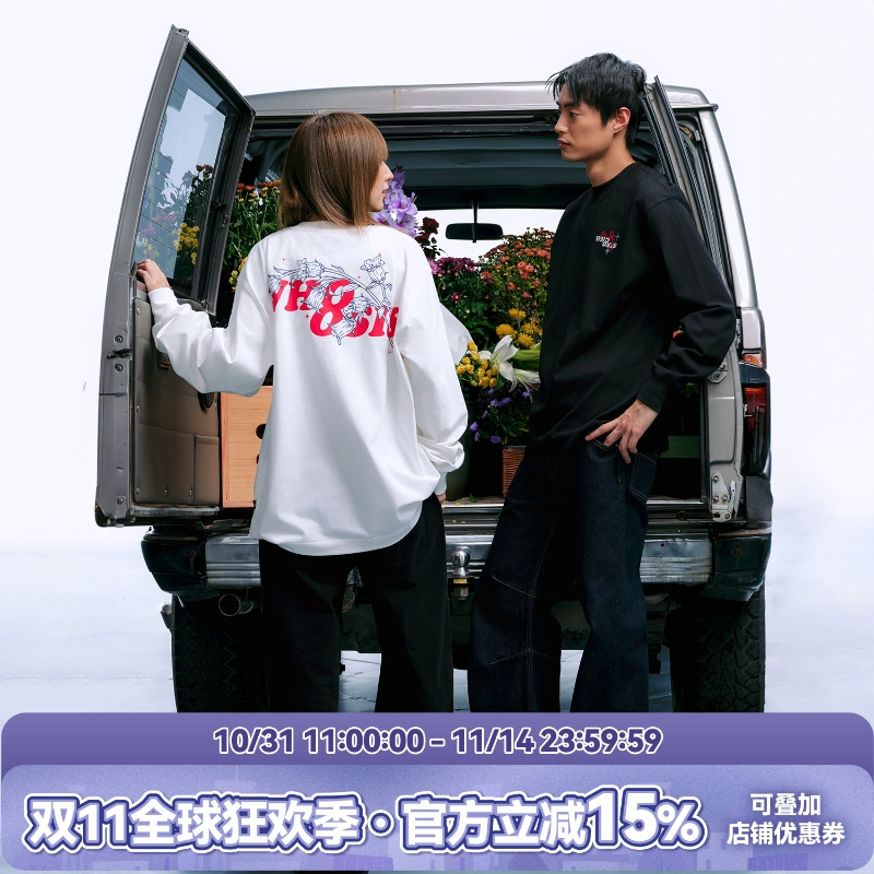 WHOOSIS（不知其名）线条铃兰长袖T恤圆领秋季打底休闲通勤男女潮