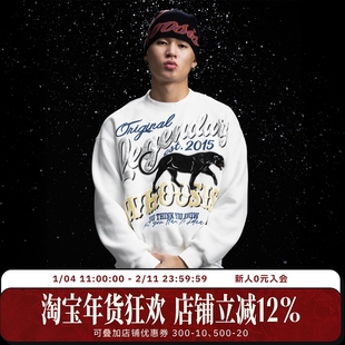 WHOOSIS（不知其名）黑豹贴布金属发泡短宽圆领卫衣秋冬美式男女