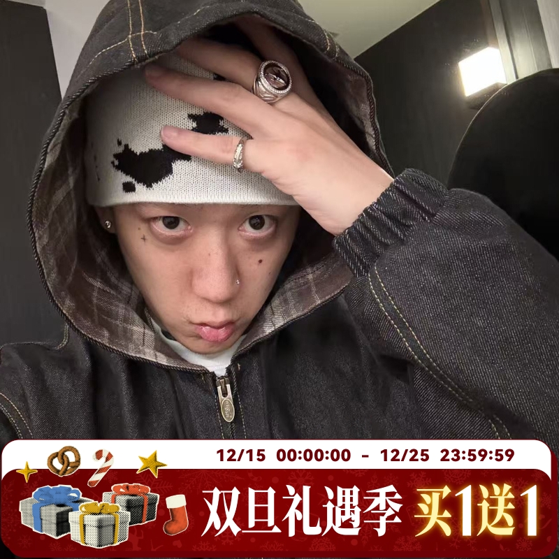 WHOOSIS（不知其名）复古原牛仔刺绣连帽拉链外套夹克秋高级男潮