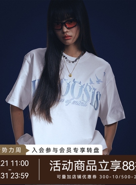 WHOOSIS（不知其名）飞鸽飘散刺绣短袖T恤重磅夏季情侣美式男女潮