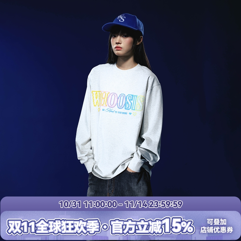 WHOOSIS（不知其名）钩针绣花长袖T恤秋季打底休闲宽松男女校园潮