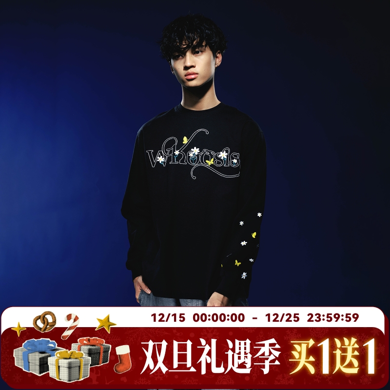 WHOOSIS（不知其名）花卉刺绣长袖T恤圆领秋季男女校园宽松潮情侣