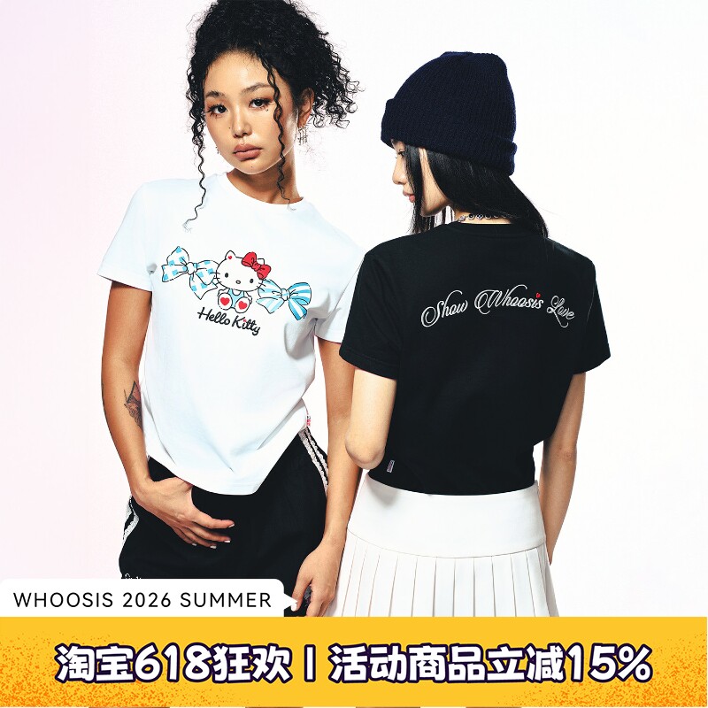 【HELLO KITTY官方联名】WHOOSIS 蝴蝶结正肩短袖T恤夏季百搭潮女