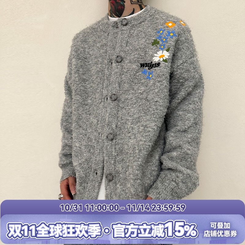 WHOOSIS（不知其名）花卉刺绣开衫毛衣外套秋冬简约情侣校园男女