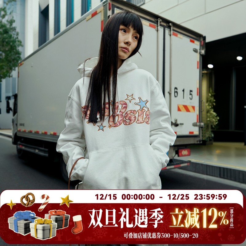 WHOOSIS（不知其名）奶牛纹毛绒贴布帽衫连帽卫衣春季美式街头男