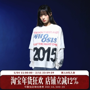 WHOOSIS（不知其名）slogan假两件长袖T恤酷飒美式街头休闲潮牌男