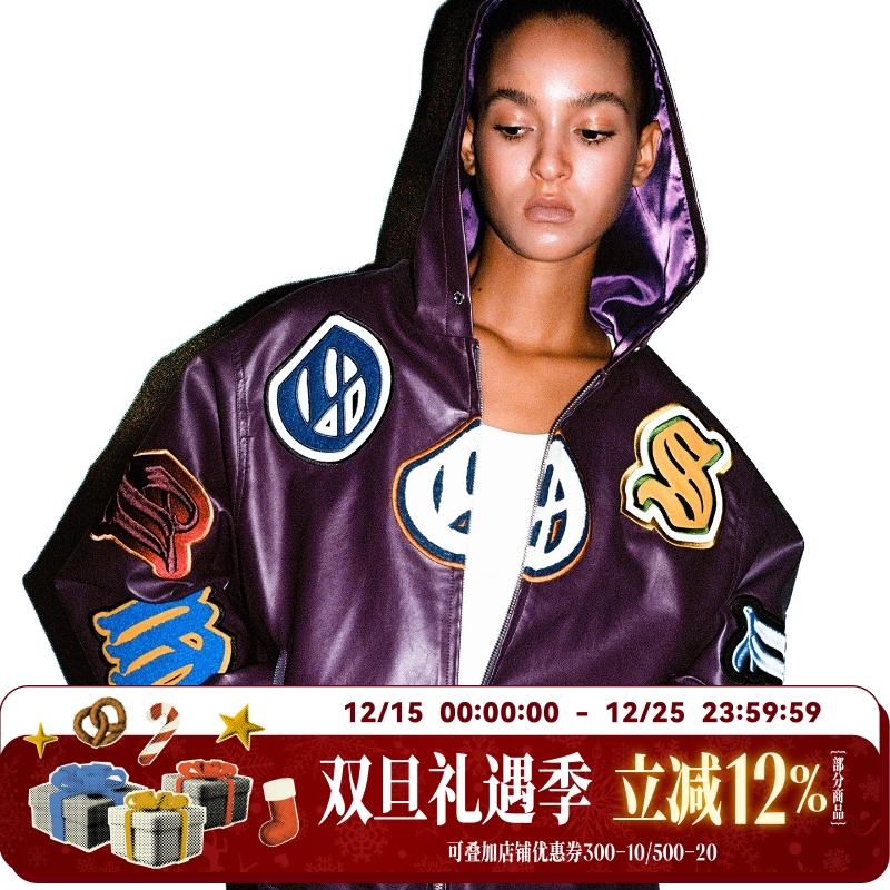 WHOOSIS（不知其名）多工艺绣章连帽皮衣外套秋美式街头男女国潮