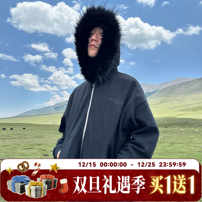 WHOOSIS（不知其名）毛毛领拉链帽衫外套美式春秋冬男女情侣校园