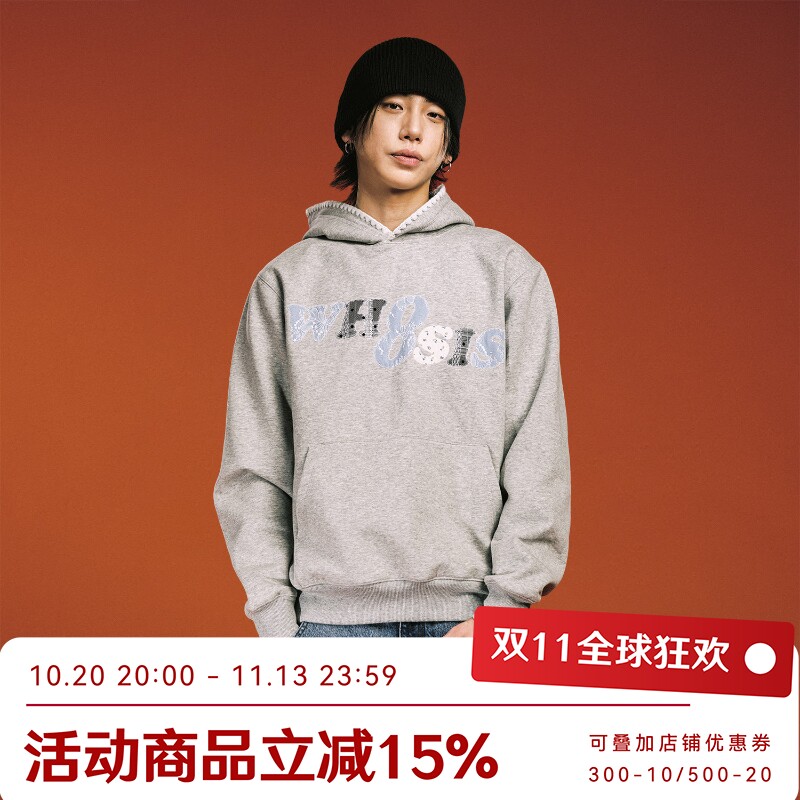 WHOOSIS（不知其名）碎花牛仔贴布绣帽衫连帽卫衣街头轻运动风男