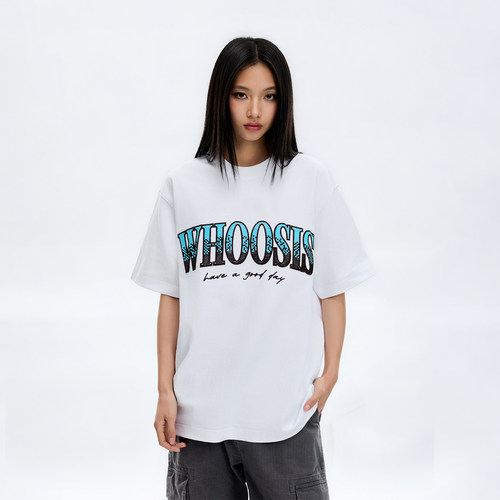 WHOOSIS（不知其名）打籽绣渐变logo短袖T恤夏季情侣酷飒潮流男女