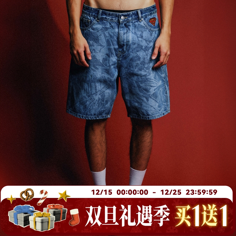 【超人SUPERMAN联名】WHOOSIS 超人漫画烧花水洗美式牛仔短裤子男