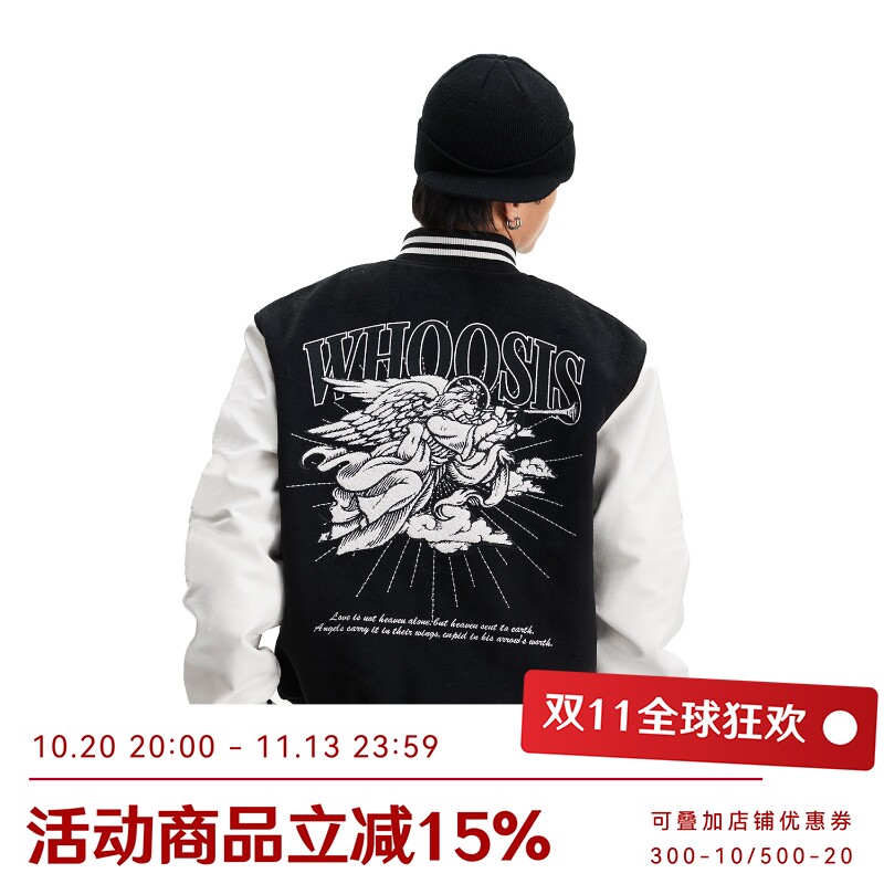 WHOOSIS（不知其名）天使主题刺绣棒球服秋冬宽松休闲青春校园男