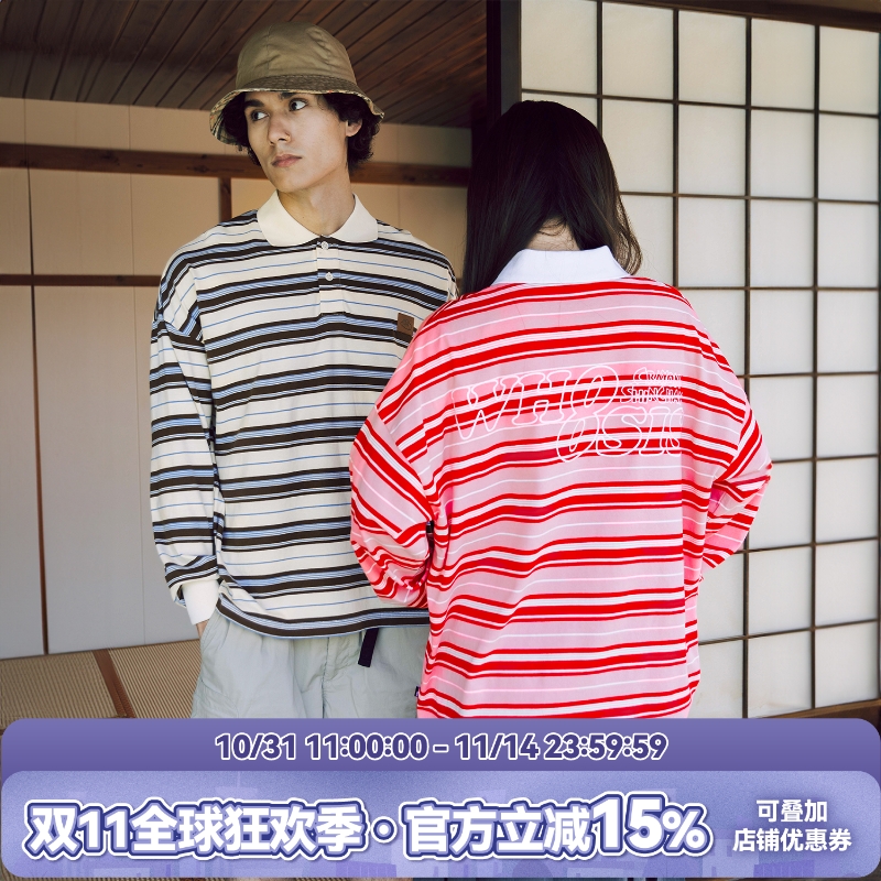 【蜡笔小新联名】WHOOSIS 条纹polo长袖宽松简约百搭新款卡通男女