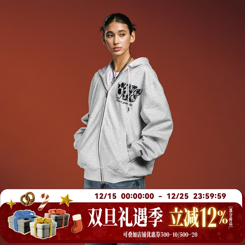 WHOOSIS（不知其名）基础毛绒贴布拉链帽衫连帽卫衣秋校园百搭男