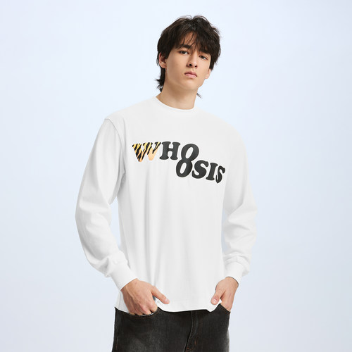 WHOOSIS（不知其名）动物纹刺绣长袖T恤春秋打底简约百搭男女情侣