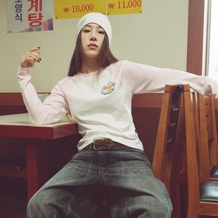 t恤男款 小香风魔术贴插肩长袖 女款 短款 WHOOSIS 情侣装 不知其名