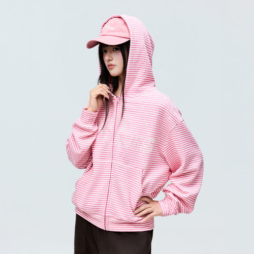 WHOOSIS（不知其名）条纹女款拉链帽衫连帽卫衣秋冬休闲宽松