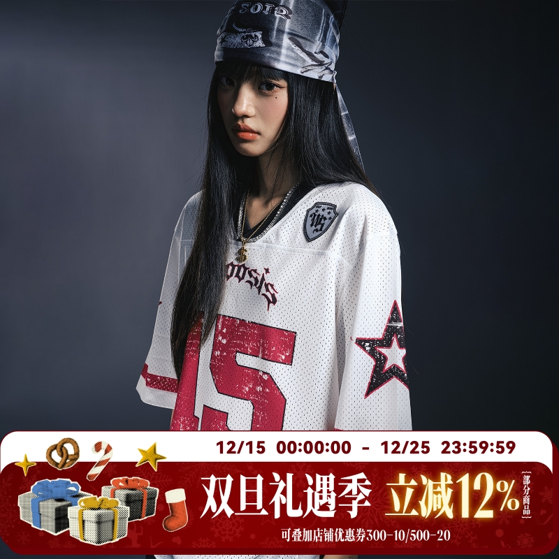 WHOOSIS（不知其名）字母印花冰球服短袖送方巾美式街头潮流男女