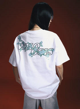 WHOOSIS（不知其名）蔷薇藤蔓刺绣短袖T恤夏季休闲百搭男女校园潮
