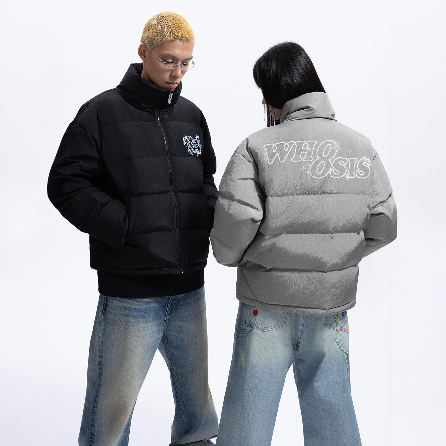 WHOOSIS（不知其名）星光印花刺绣立领羽绒服90鸭绒冬外套保暖男