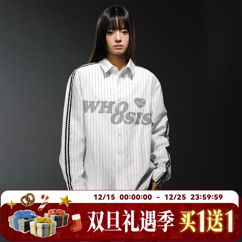 WHOOSIS（不知其名）蕾丝拼接条纹长袖衬衫外套秋季简约松弛感女