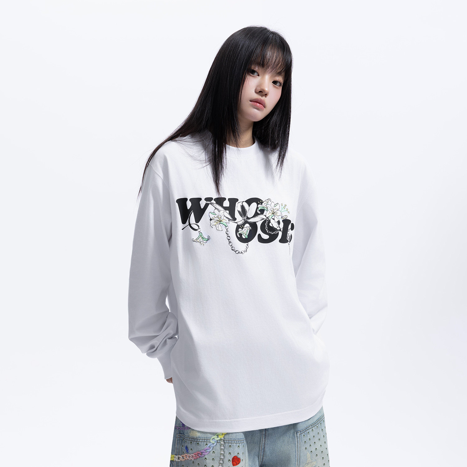 WHOOSIS（不知其名）珠链花卉长袖T恤秋季简约新中式男女国潮图片