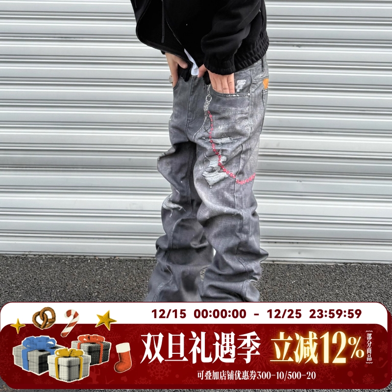 WHOOSIS（不知其名）挂饰打印牛仔裤长裤子秋季酷飒松弛感男女潮