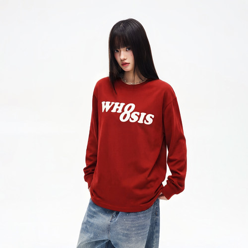WHOOSIS（不知其名）幻影logo长袖T恤新年红色春季打底宽松男女潮