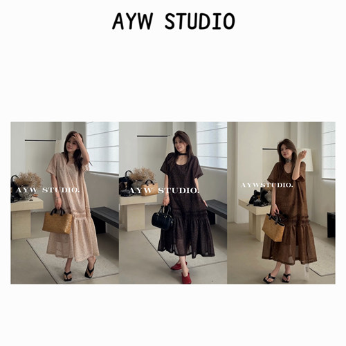 【AYW】‘杏雾时光’韩系波点清透宽松显瘦下摆褶皱鱼尾裙连衣裙