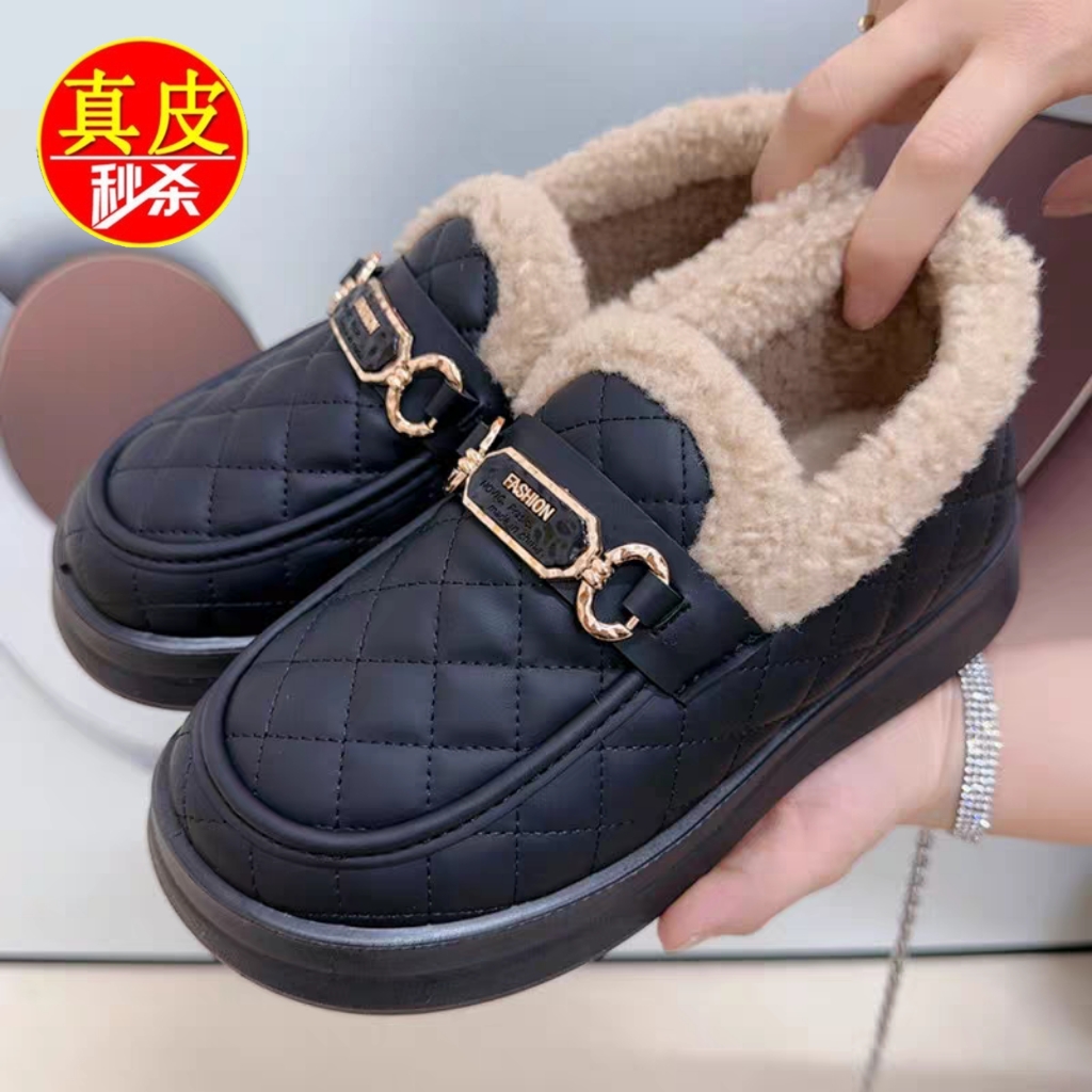 品牌厚底乐福鞋女鞋2025冬季加绒加厚保暖棉鞋豆豆鞋一脚瞪毛毛鞋