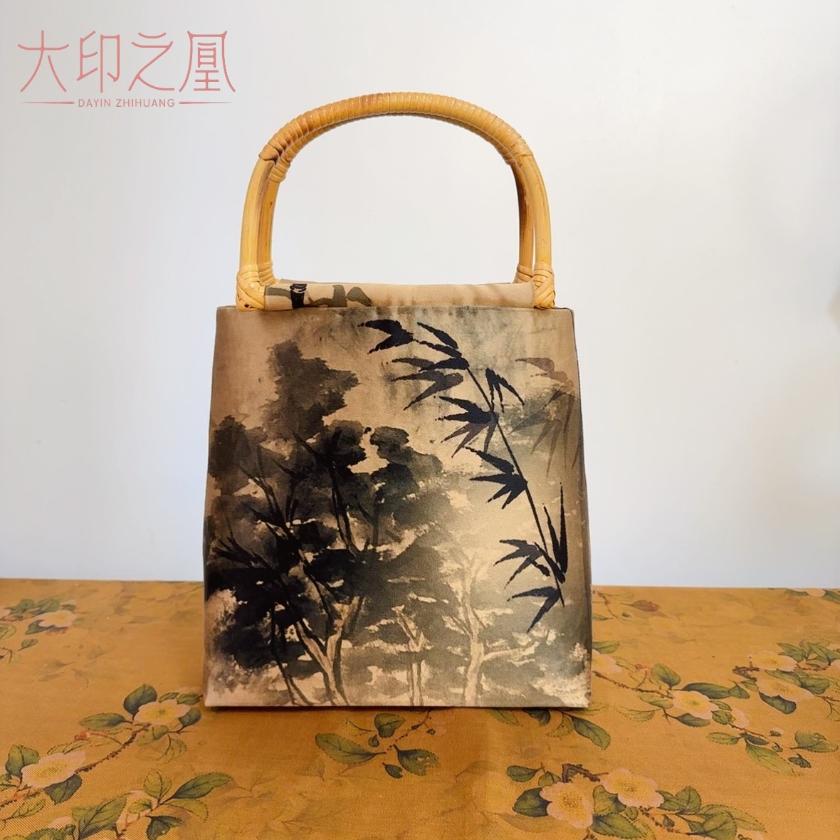 绢若诗新中式复古国风手绘高级感竹节手柄手拎大容量包包