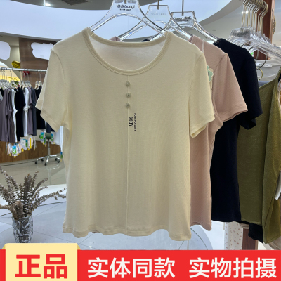 兰心茹C26夏季轻奢风亚麻短袖T恤女士圆领纽扣显瘦百搭基础款上衣