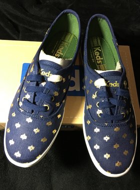 keds 郑秀晶 taylor swift同款 平底鞋帆布鞋 深蓝色金色小点