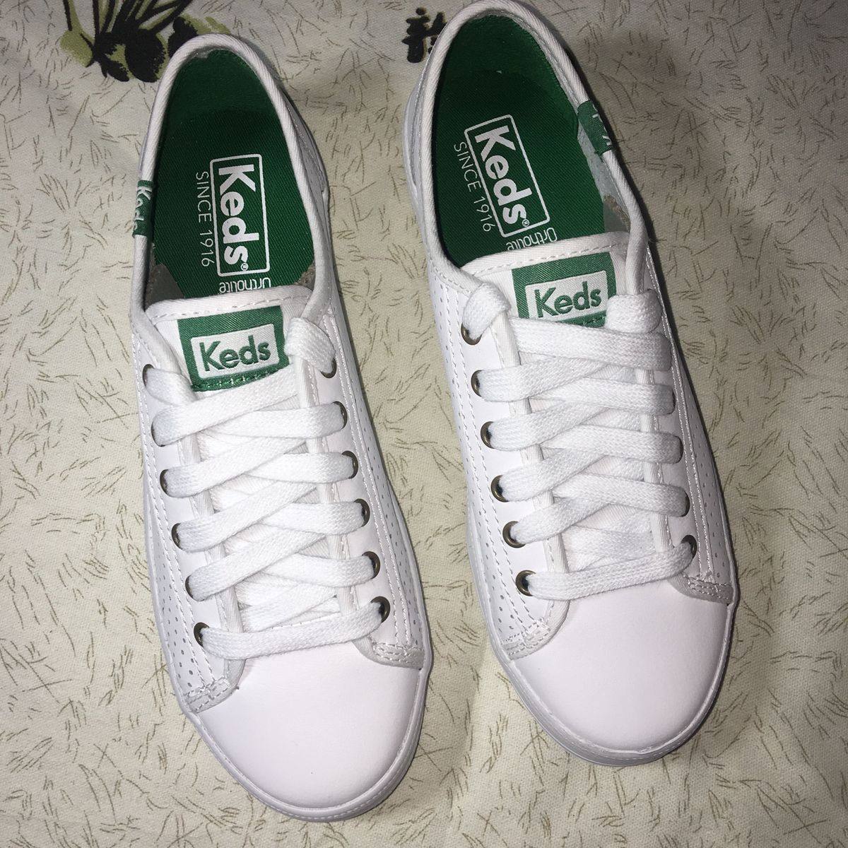 Keds秀晶白色网眼皮质平底鞋