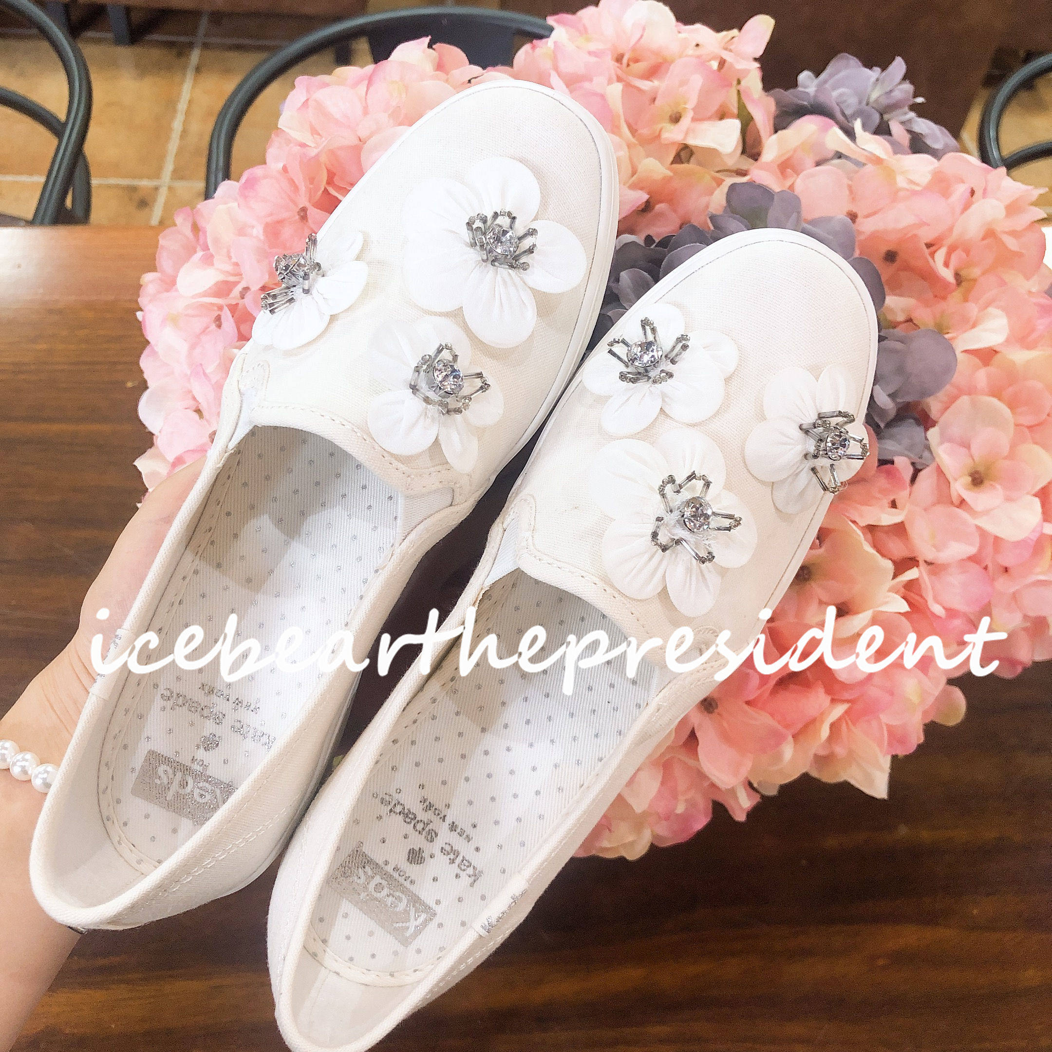 KEDS合作款手工钉珠花朵厚底增高小白鞋婚礼鞋伴娘鞋