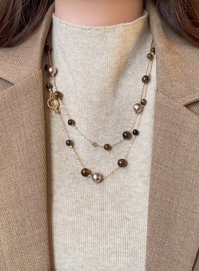美拉德复古虎眼石珍珠串珠项链