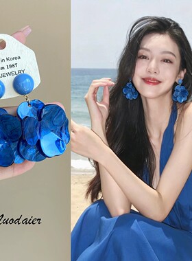 法式复古蓝花耳钉高级感百搭