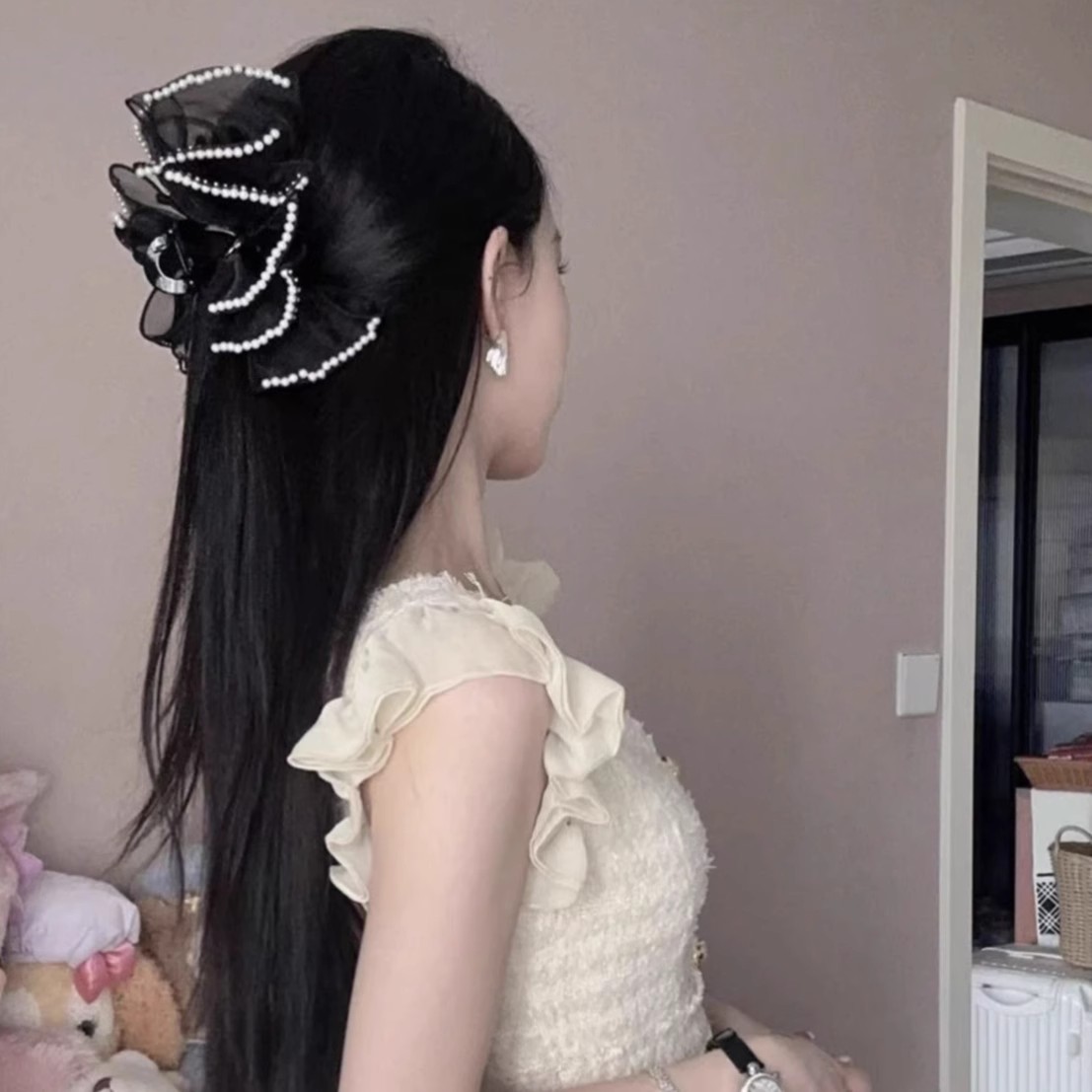 优雅珍珠蝴蝶结抓夹女大号盘发鲨鱼夹头饰发夹后脑勺半扎发卡发饰