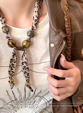 美拉德豹纹丝巾项链女款复古小众