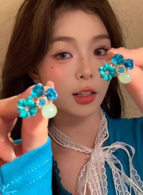 蓝色方糖水晶花朵耳钉女轻奢高级感绝美独特耳环度假风小众耳饰品