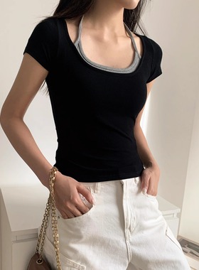 欧美黑色假两件挂脖短袖t恤女夏秋季外穿甜酷设计感小众短款上衣