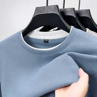 重磅纯棉长袖t恤男春秋季潮流宽松圆领上衣透气纯色华夫格打底衫