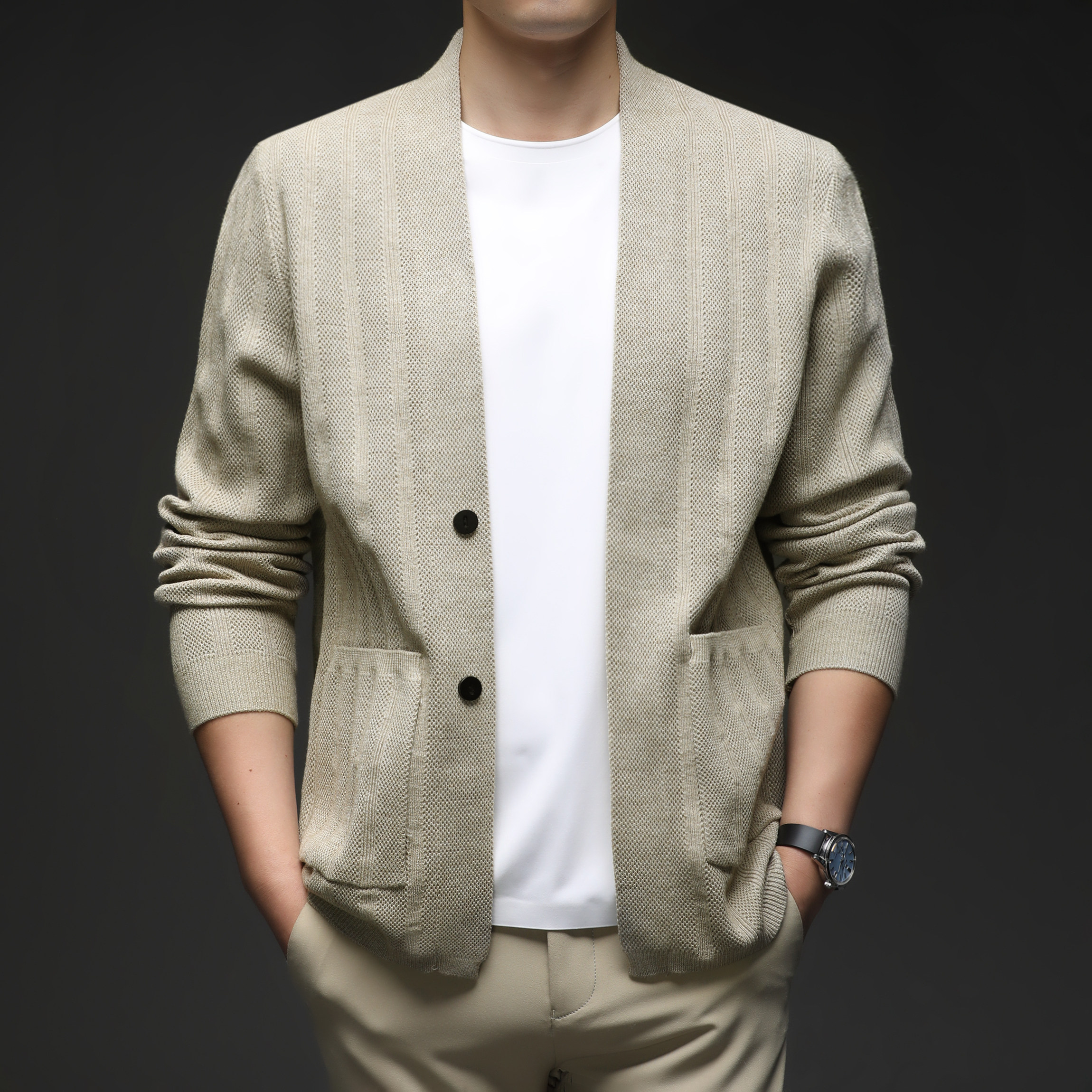 春秋季薄款针织衫开衫男士无领小西装毛衣韩版潮流帅气休闲外套男